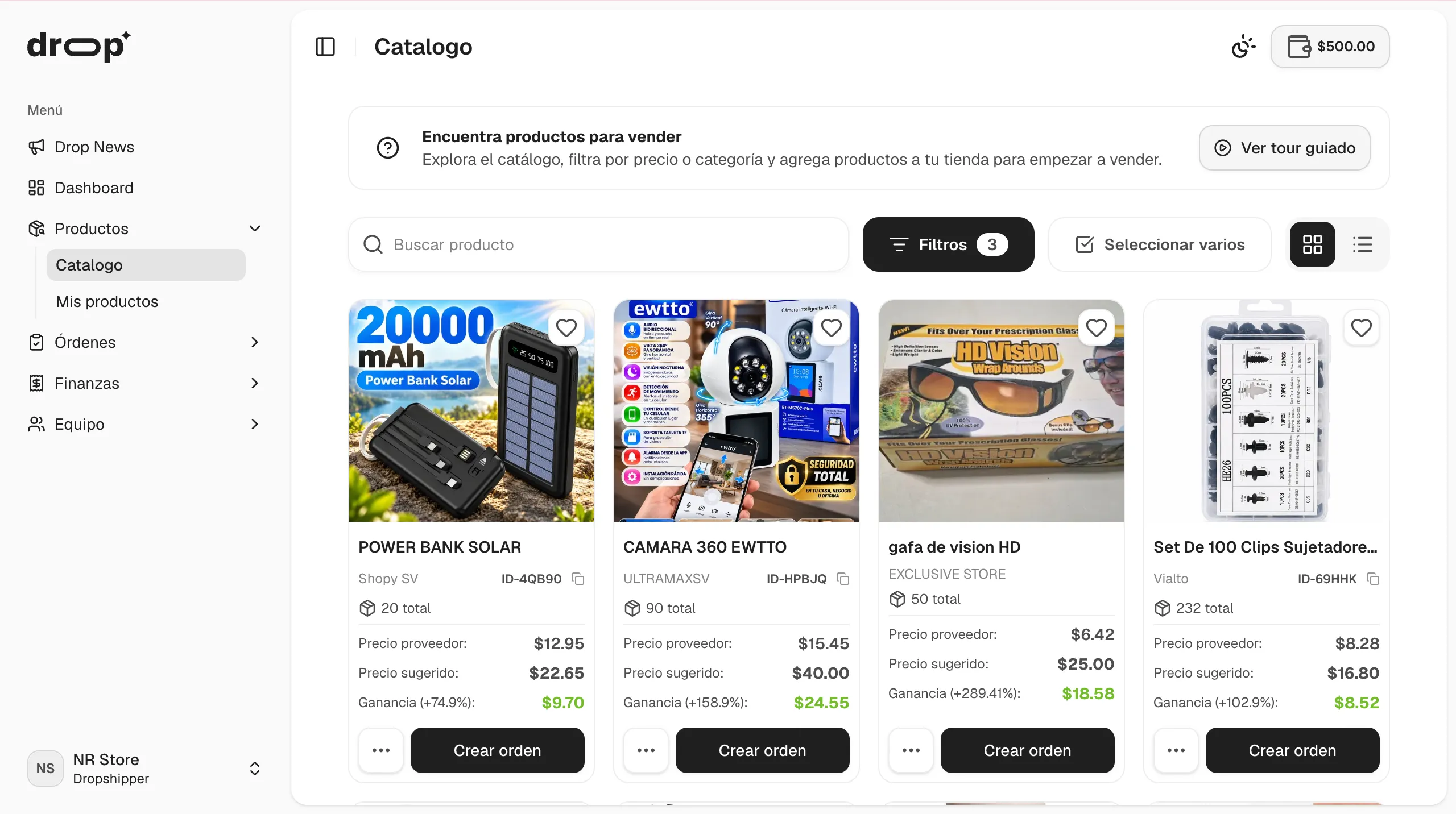 Catálogo de productos del panel de Drop